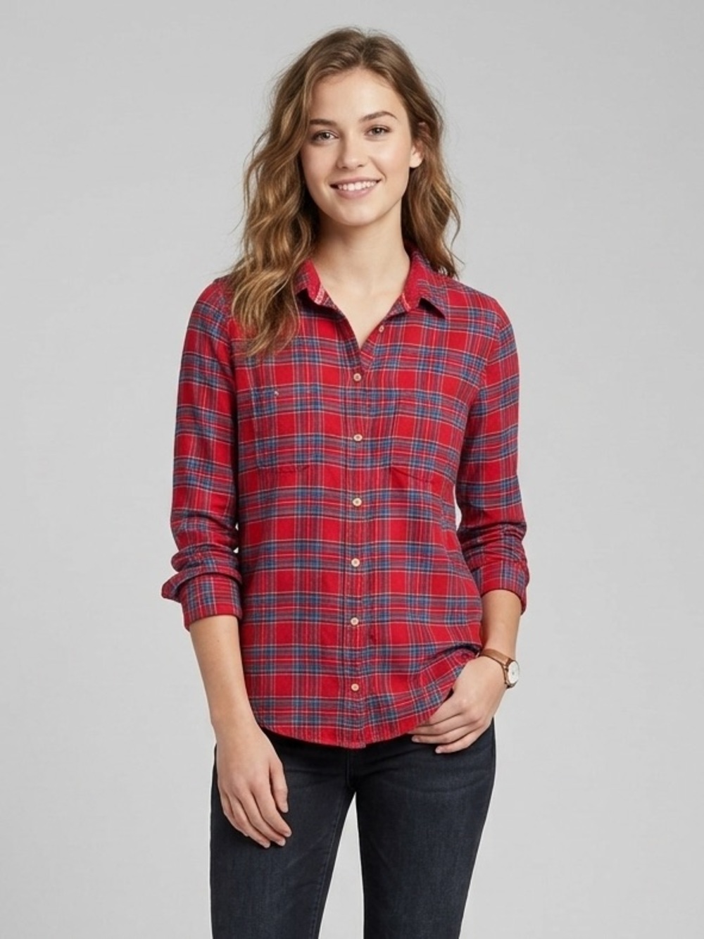 Abercrombie & Fitch Womens Red Blue Plaid Button Down Flannel Shirt Size XS